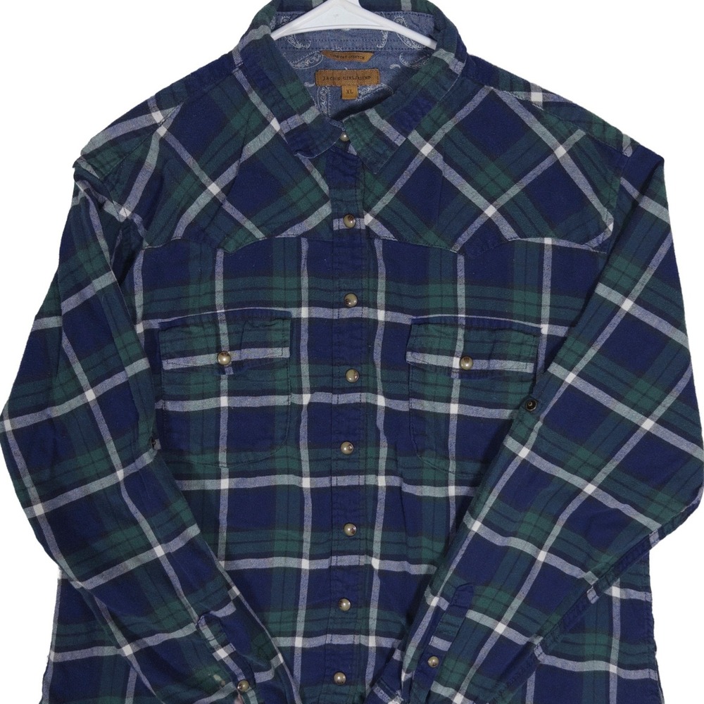 Jacks Girlfriend Plaid Western Shirt‎ XL Womens Snap Button Flannel Blue Green
